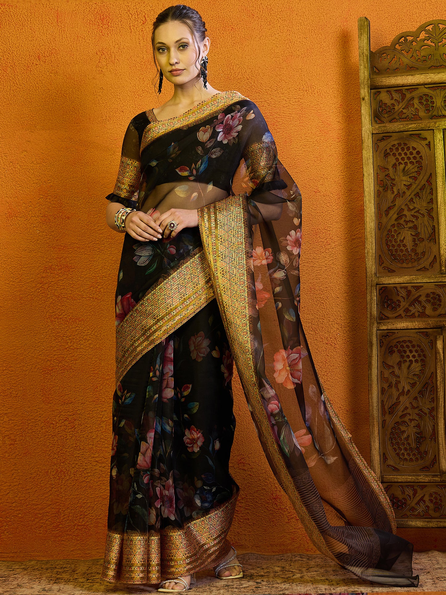 Women's Organza Black Printed Designer Saree With Blouse Piece