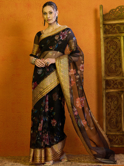Women's Organza Black Printed Designer Saree With Blouse Piece