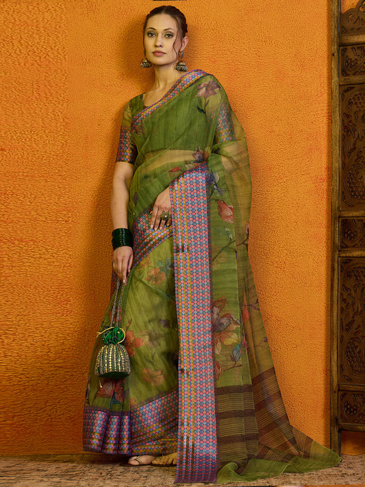 Women's Organza Green Printed Designer Saree With Blouse Piece