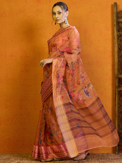 Women's Organza Peach Printed Designer Saree With Blouse Piece