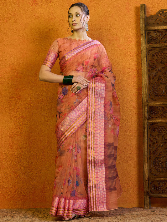 Women's Organza Peach Printed Designer Saree With Blouse Piece