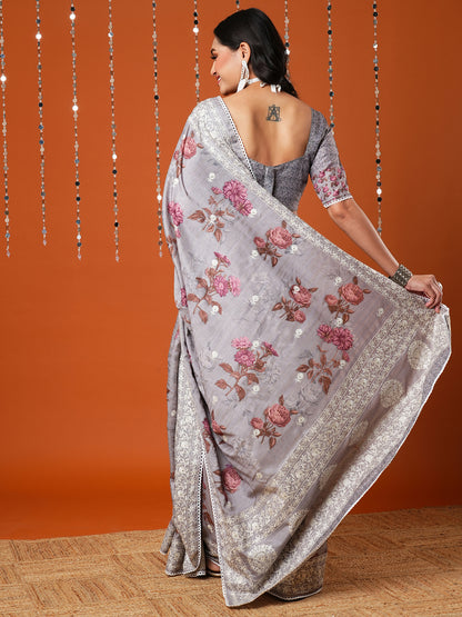 Women's Dola Silk Grey Embroidered Designer Saree With Blouse Piece