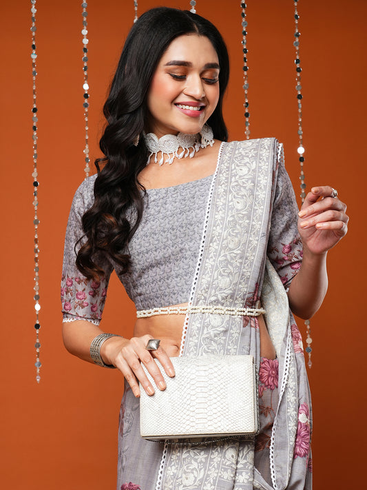 Women's Dola Silk Grey Embroidered Designer Saree With Blouse Piece
