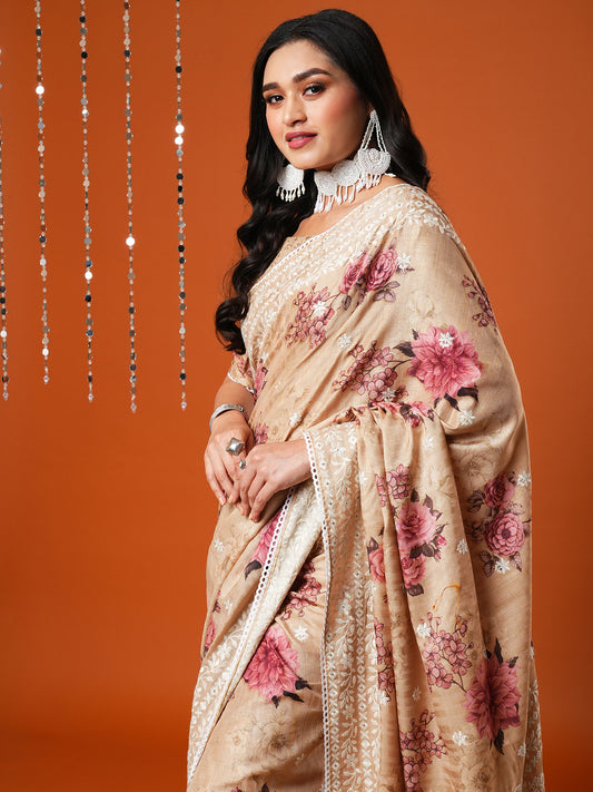 Women's Dola Silk Cream Embroidered Designer Saree With Blouse Piece