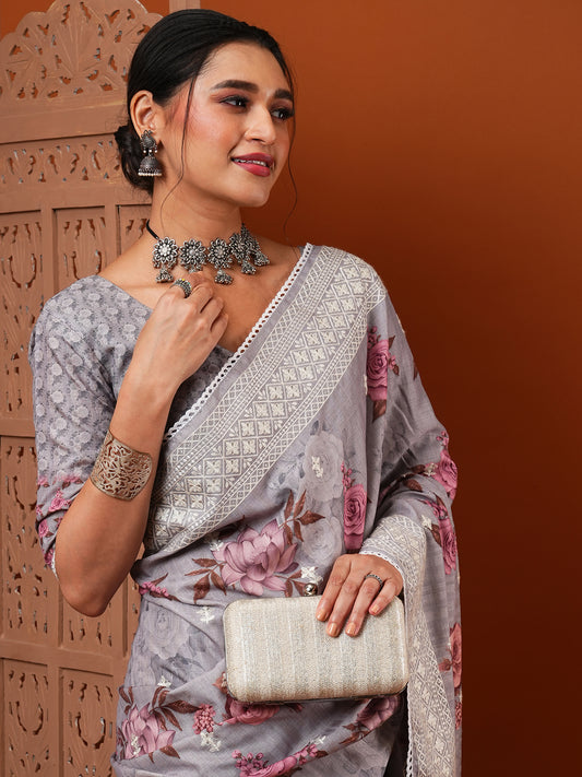 Women's Dola Silk Grey Embroidered Designer Saree With Blouse Piece