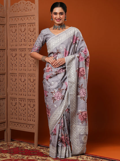 Women's Dola Silk Grey Embroidered Designer Saree With Blouse Piece