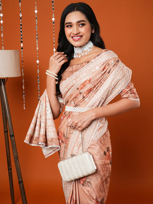 Women's Dola Silk Cream Embroidered Designer Saree With Blouse Piece