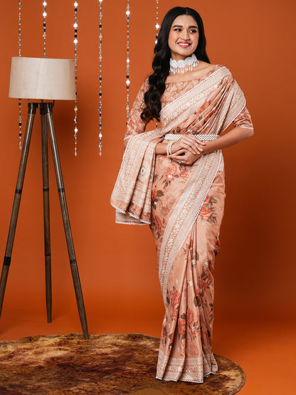 Women's Dola Silk Cream Embroidered Designer Saree With Blouse Piece