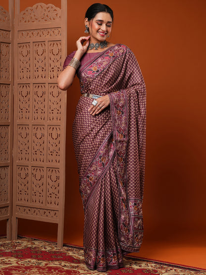 Women's Dola Silk Mauve Embroidered Designer Saree With Blouse Piece