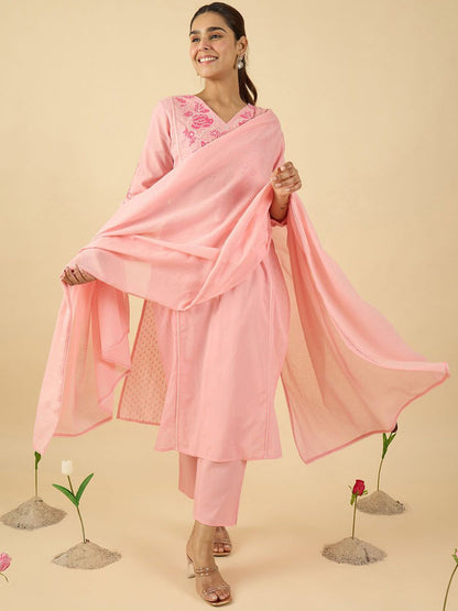 Dhiyona IE Women Floral Embroidered Panelled Thread Work Kurta with Trousers & Dupatta