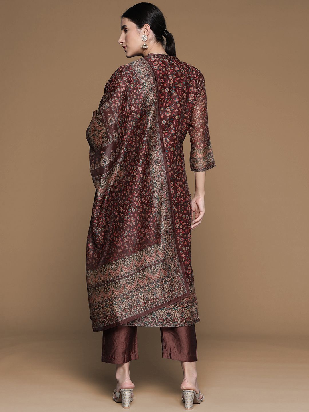 Dhiyona PD Women Floral Printed Mandarin Collar Chanderi Silk Kurta With Trouser & Dupatta