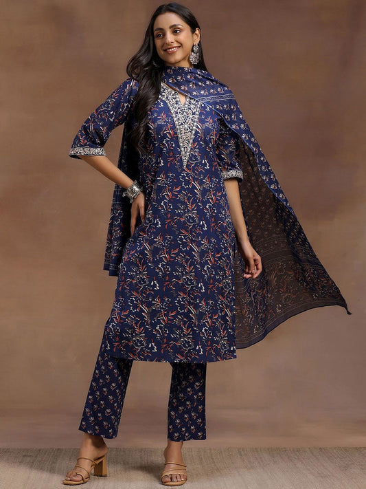 Dhiyona LB Women's Floral Printed Pure Cotton Straight Kurta With Trouser & Dupatta