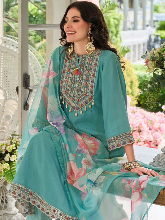 Dhiyona IE Women's Ethnic Motifs Embroidered Regular Mirror Work Kurta With Trousers & Dupatta