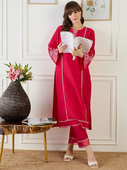 Dhiyona IE Embroidered Straight Tunic With Trousers Co-Ords
