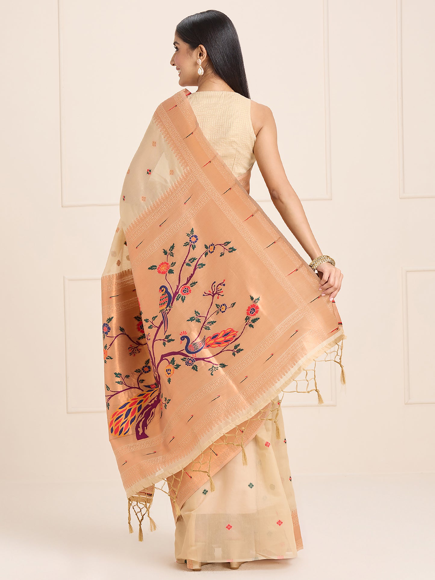 Women's Silk Blend Cream Woven Design Designer Saree With Blouse Piece