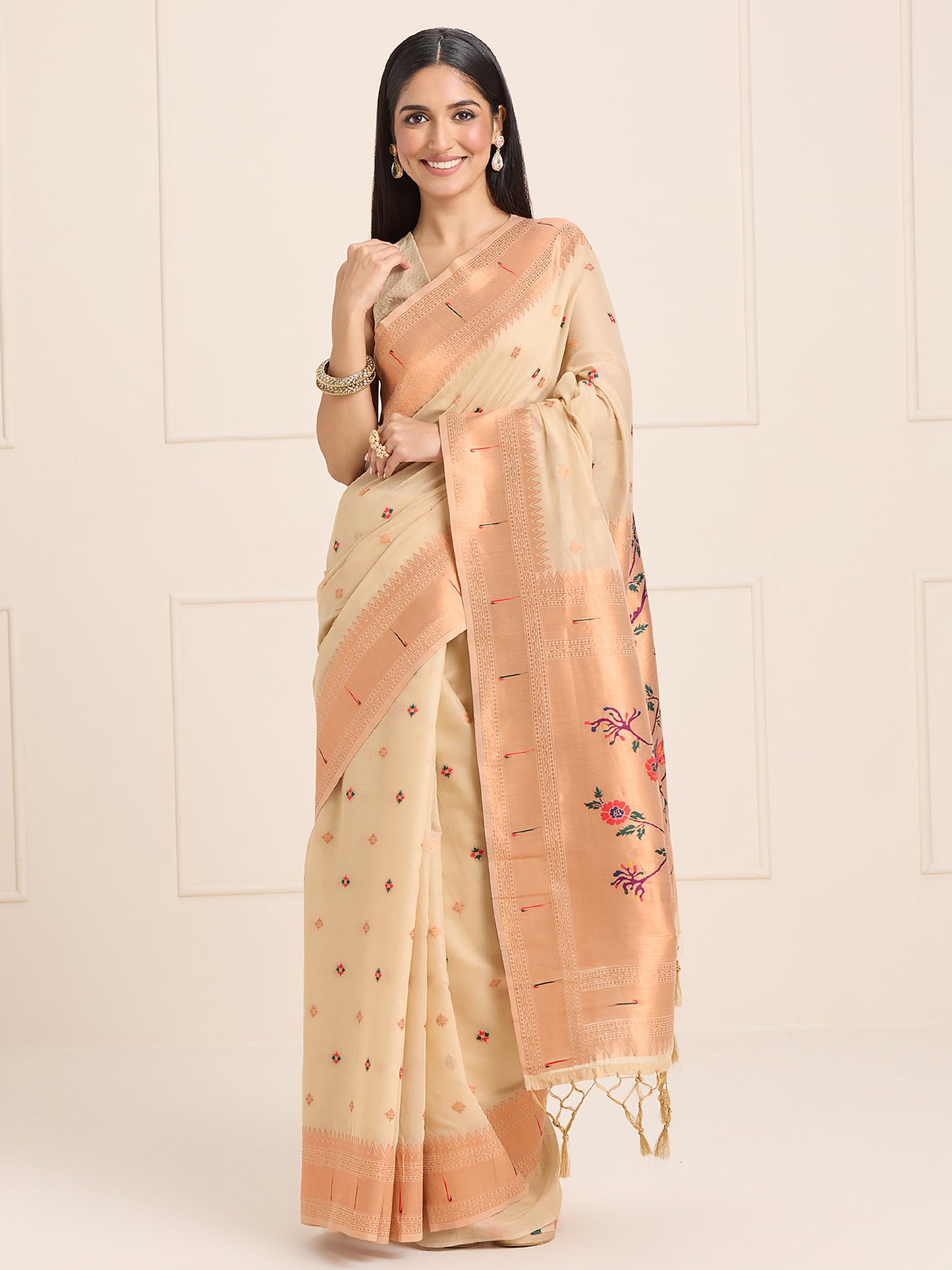 Women's Silk Blend Cream Woven Design Designer Saree With Blouse Piece
