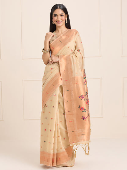 Women's Silk Blend Cream Woven Design Designer Saree With Blouse Piece