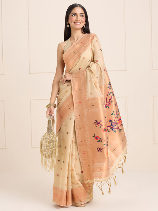 Women's Silk Blend Cream Woven Design Designer Saree With Blouse Piece