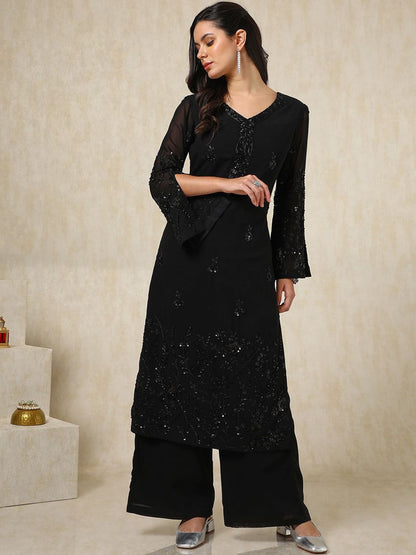 Dhiyona SO Women's Floral Embroidered Beads & Stones Straight Kurta with Palazzos & Dupatta