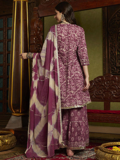 Dhiyona SN Women's Purple Floral Printed Notch-Neck Pure Cotton A-Line Kurta With Sharara & Dupatta.