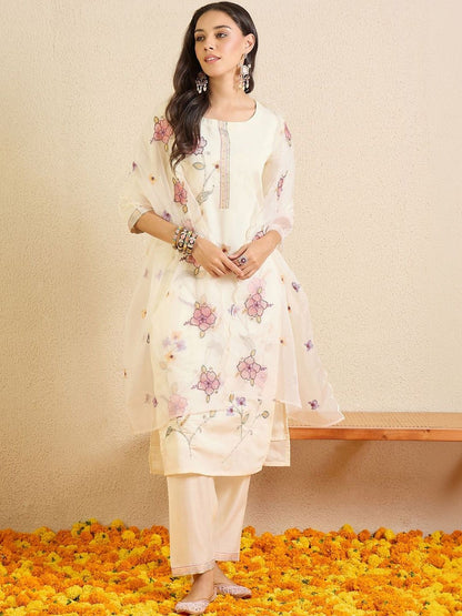 Women Floral Embroidered Regular Thread Work Kurta with Trousers & With Dupatta