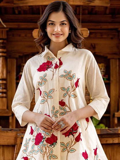 Dhiyona IE Floral Embroidered Thread Work Pure Cotton Shirt with Trousers