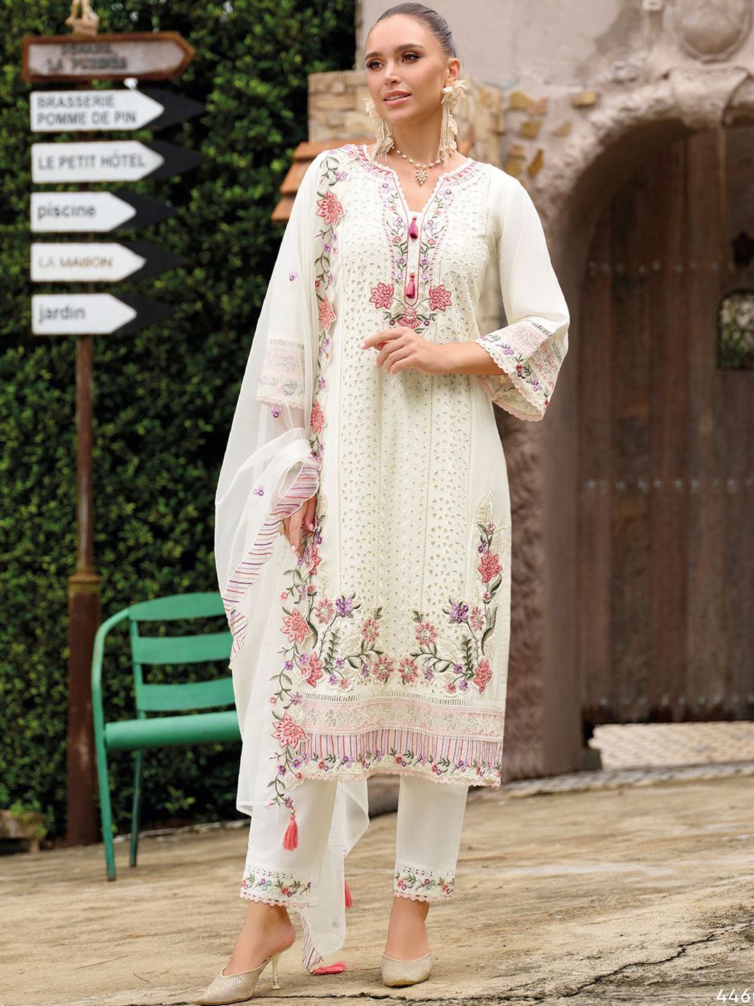 Floral Embroidered Regular Sequinned Kurta With Trousers & Dupatta