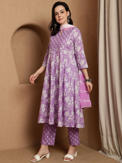 Dhiyona SN Women's Floral Printed Notch Neck Pure Cotton Anarkali Kurta & Trousers With Dupatta