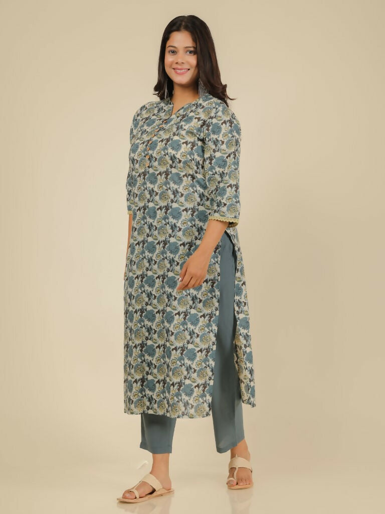 Women's Straight Soft Cotton Floral Print Women's Kurta - Grey