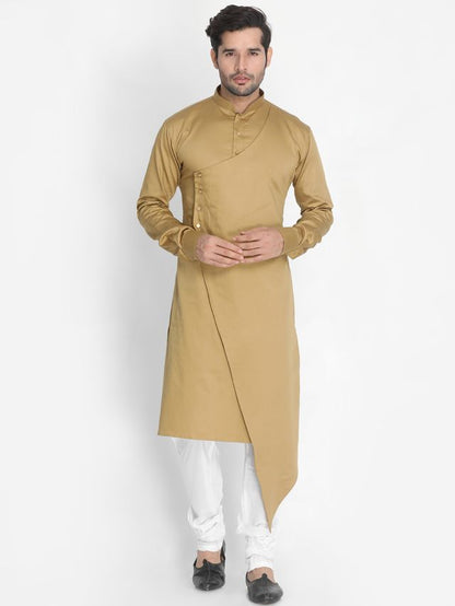 Men's Chiku Cotton Cotton Satin Asymmetric Kurta Pyjama Set