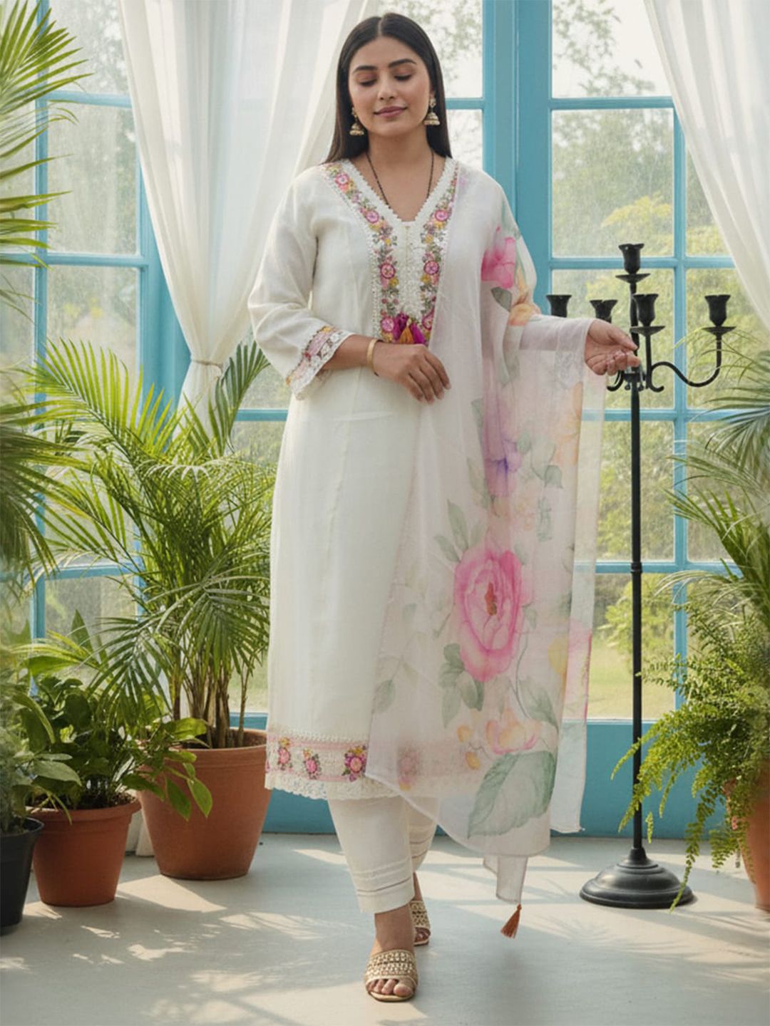 Women Floral Embroidered Thread Work Kurta with Trousers & Dupatta Kurta Sets