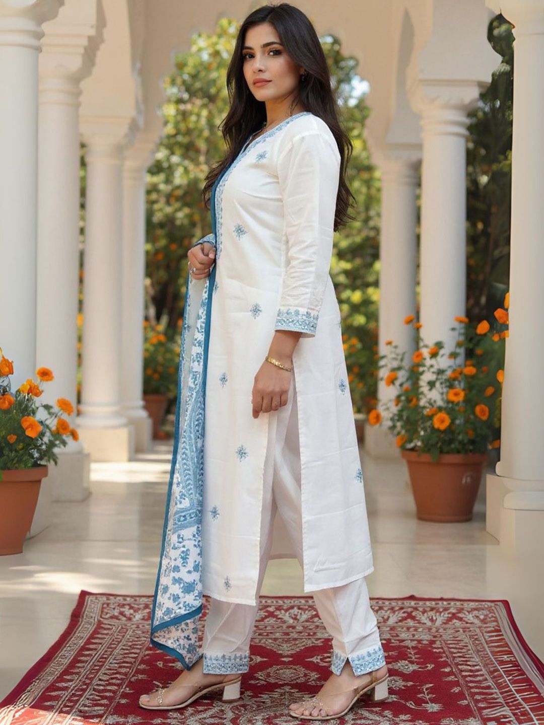 Women Ethnic Motifs Embroidered Pure Cotton Kurta with Trouser & Dupatta