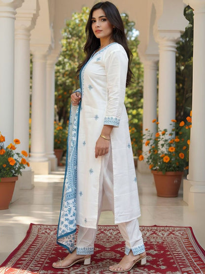 Women Ethnic Motifs Embroidered Pure Cotton Kurta with Trouser & Dupatta
