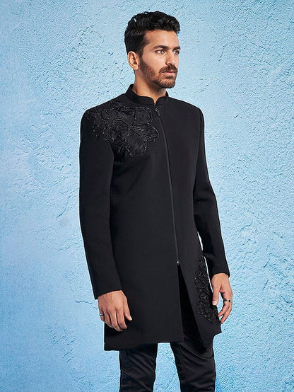 Men's Black Imported Suiting Lycra Straight Sherwani Only Top