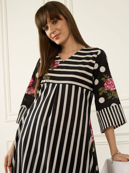 Dhiyona IE Printed V-Neck Three-Quarter Sleeves Pure Cotton Tunic And Trousers