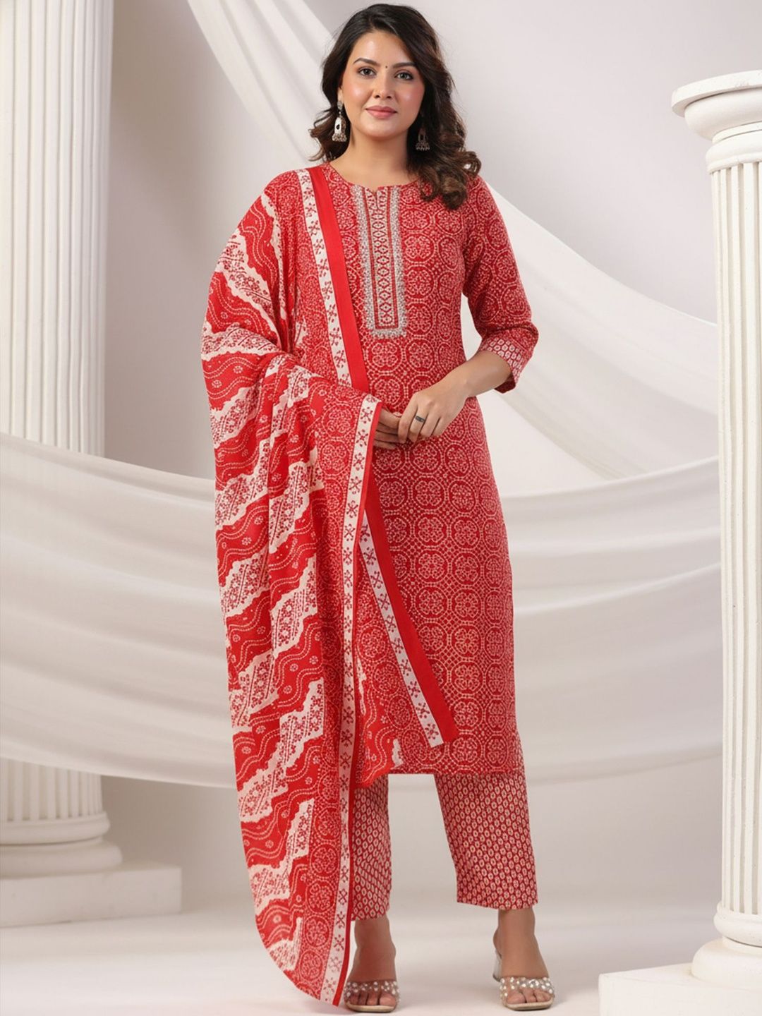 Ethnic Motifs Printed Thread Work Pure Cotton Kurta With Trousers & Dupatta