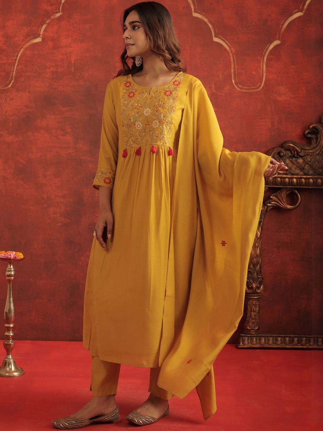 Women Floral Embroidered A-Line Kurta with Trousers & Dupatta