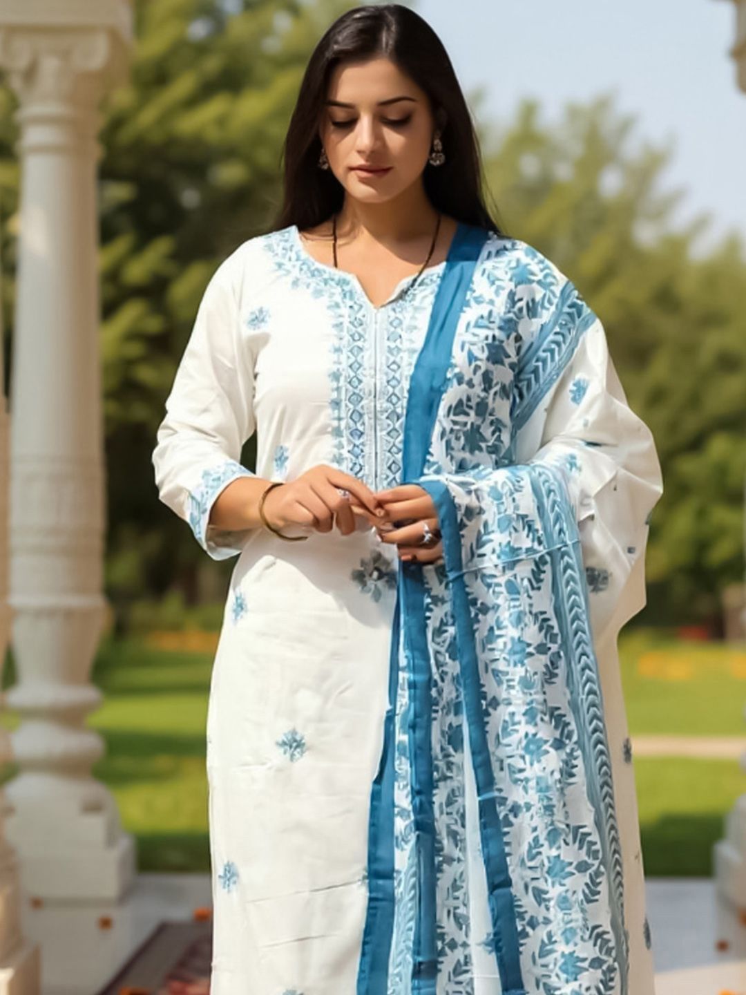 Dhiyona IE Women Ethnic Motifs Embroidered Pure Cotton Kurta with Trouser & Dupatta
