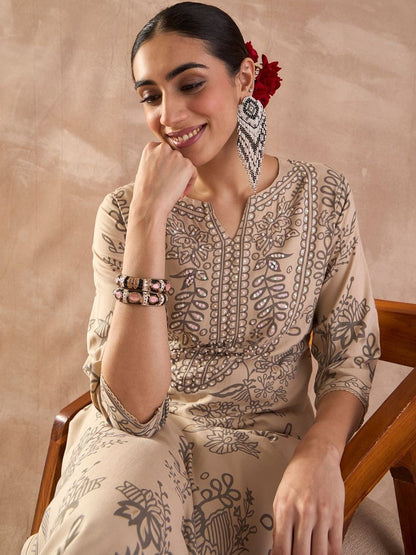 Ethnic Motifs Printed Notch Neck Sequinned Straight Kurta With Trousers