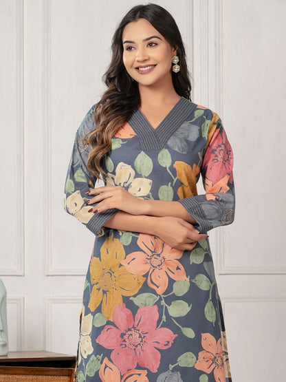 Dhiyona IE Floral Floral Printed Pure Cotton V-Neck Tunic With Trousers