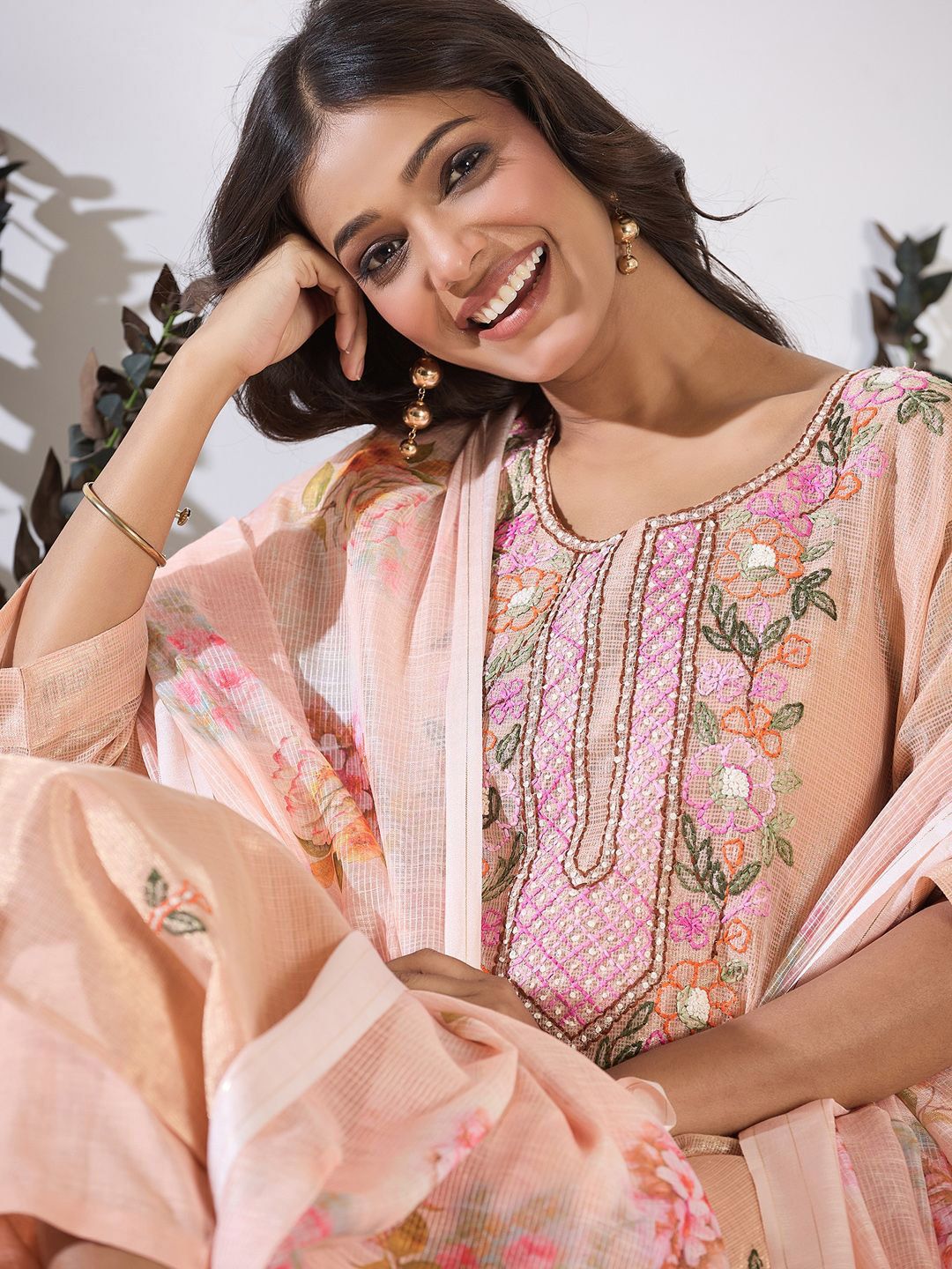 Dhiyona IE Floral Embroidered Thread Work Pure Cotton Kurta with Trouser & Dupatta