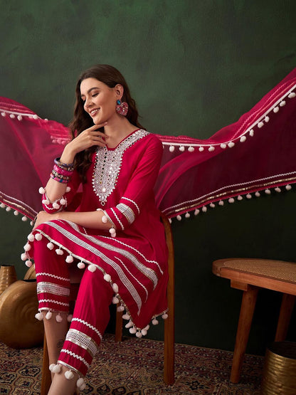 Dhiyona SN Women's Pink Floral Embroidered Mirror Work A-Line Kurta With Trousers & Dupatta