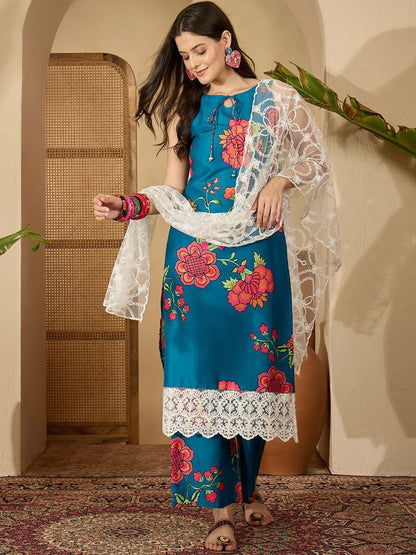 Dhiyona SN Women's Floral Printed Straight Kurta & Palazzo With Dupatta