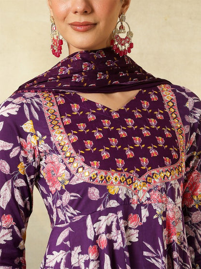 Women's Floral Printed V-Neck Pure Cotton Kurta With Palazzos And Dupatta