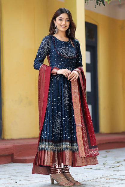Dhiyona BN Shayla Bandhani Anarkali Suit Set in Navy Blue