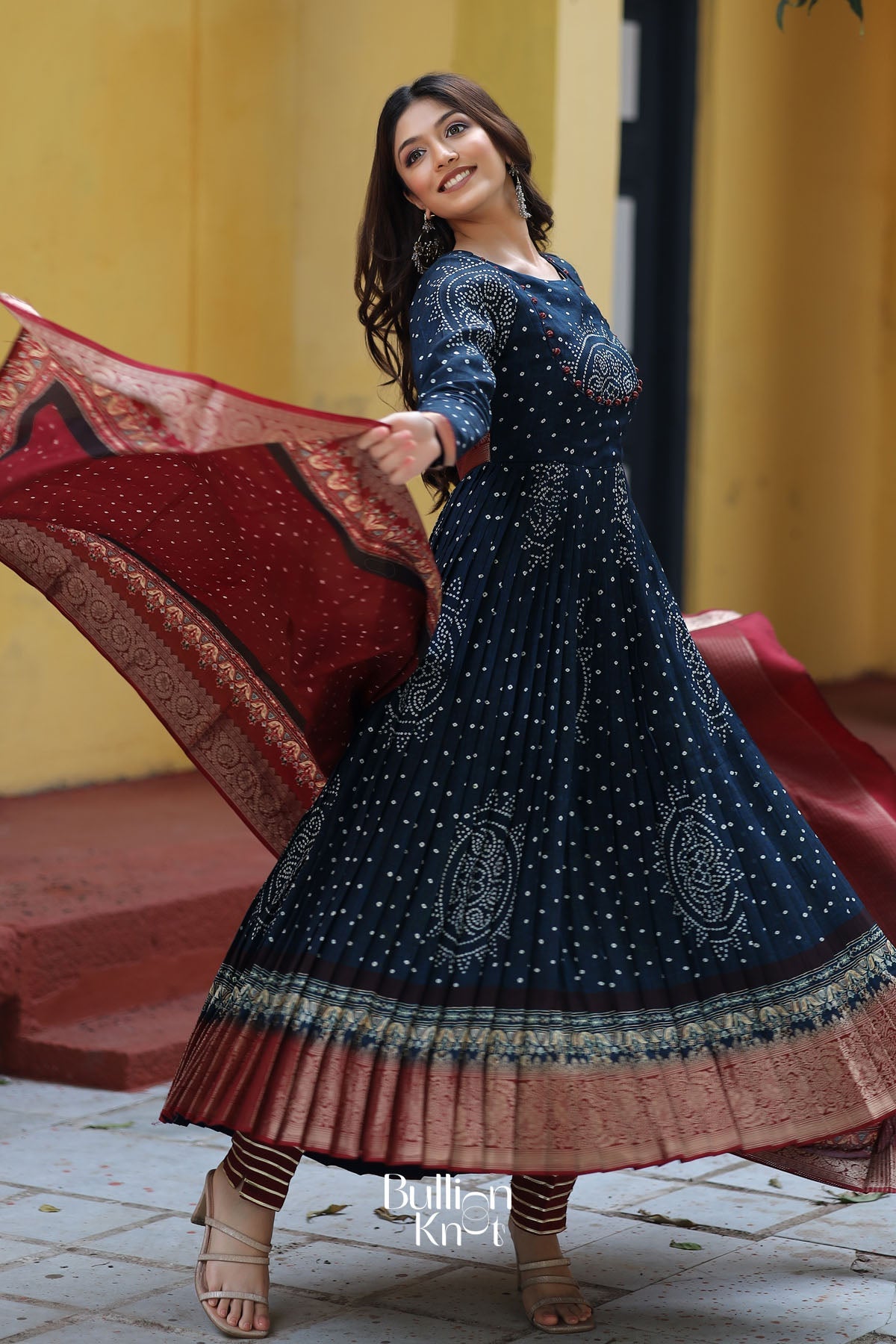 Dhiyona BN Shayla Bandhani Anarkali Suit Set in Navy Blue