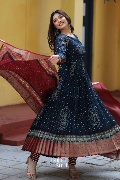 Dhiyona BN Shayla Bandhani Anarkali Suit Set in Navy Blue