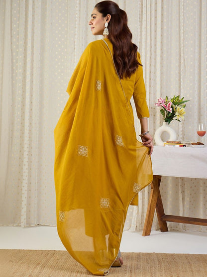 Ethnic Motifs Embroidered Thread Work Pure Cotton Kurta With Trousers & Dupatta
