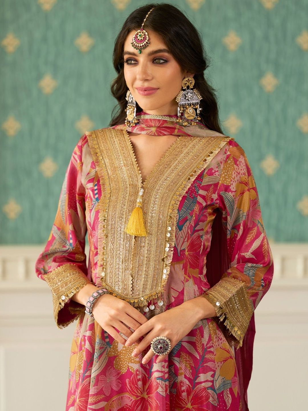 Floral Printed V-Neck Zari Anarkali Kurta & Trousers With Dupatta