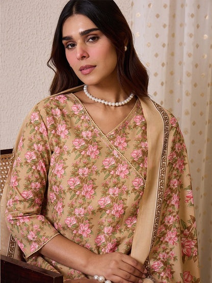 Floral Printed Straight Pure Cotton Kurta With Trousers & Dupatta